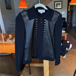 St. John Black Leather Jacket with Knit Accents